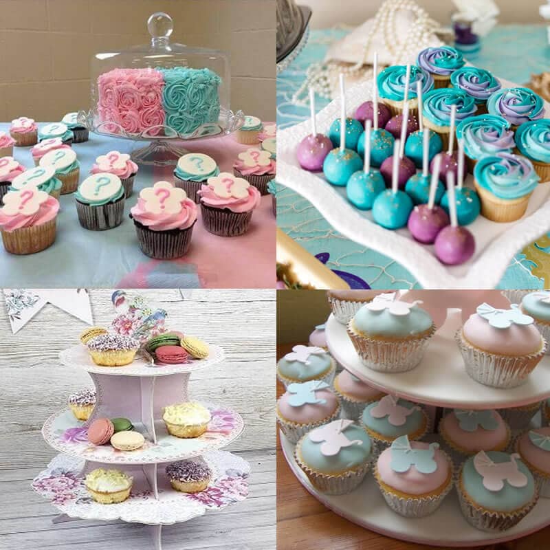 Exemple d'un buffet décoré de cupcakes et daliments pour une baby shower