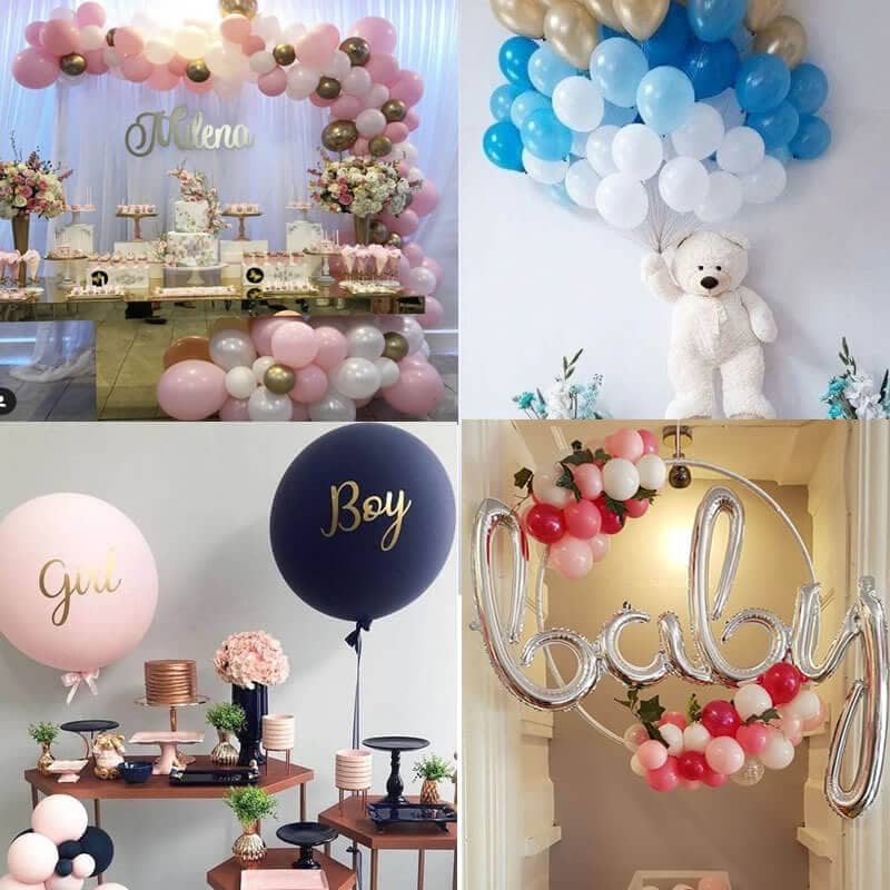 Différentes décorations composées de ballons pour une baby shower