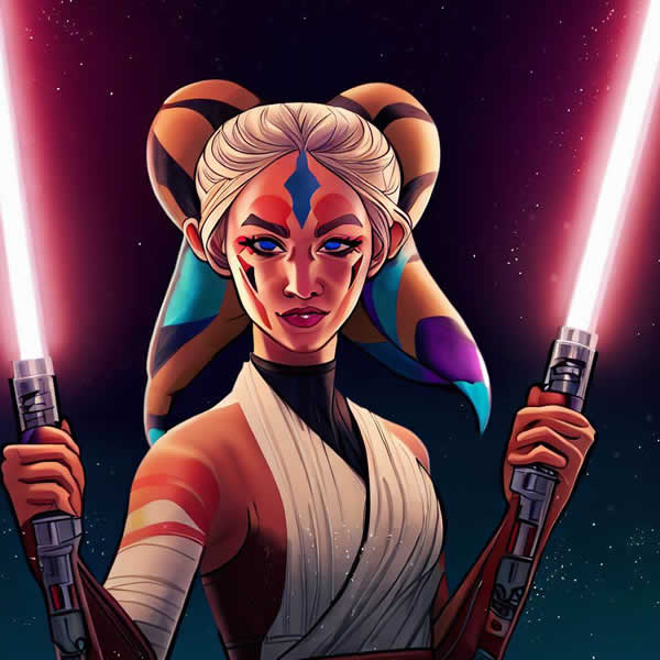 Photo de Ahsoka Tano qui tient un sabre rose dans chaque main