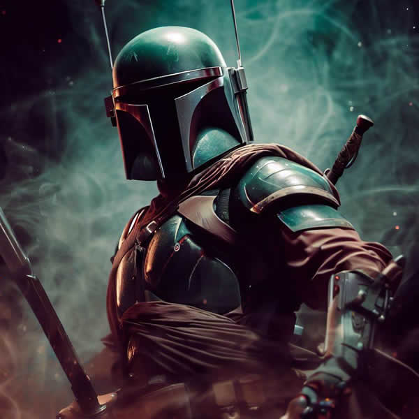 Photo de boba fett de face, dans son armure