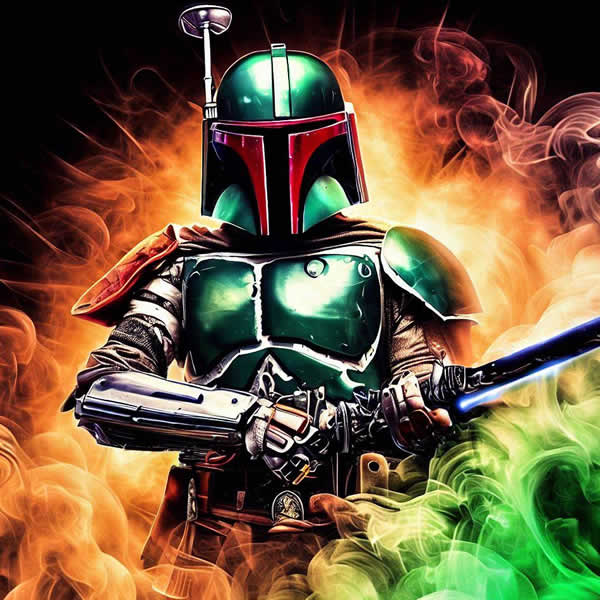 Boba fett qui tient une arme, dans un halo d'énergie et de poussière colorée