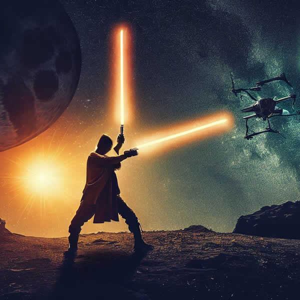 une illustration d'un jedi qui combat dans la galaxie