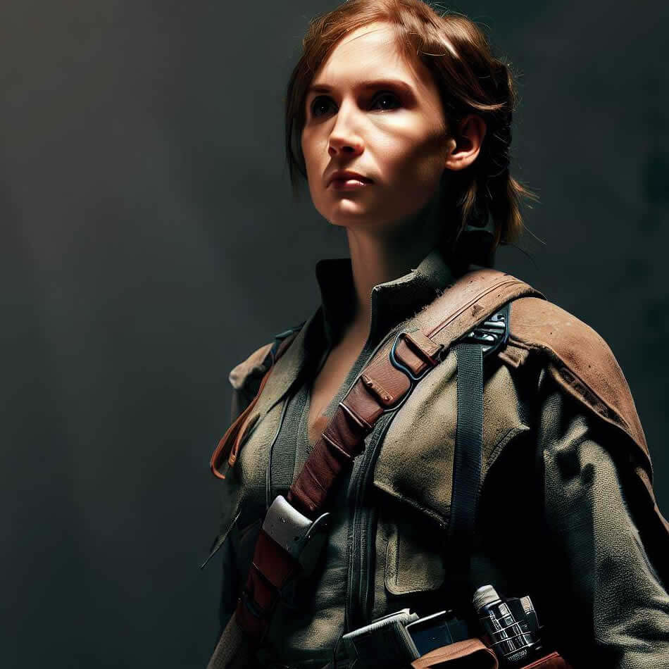 jyn erso de profile dans une tenue d'aventurière