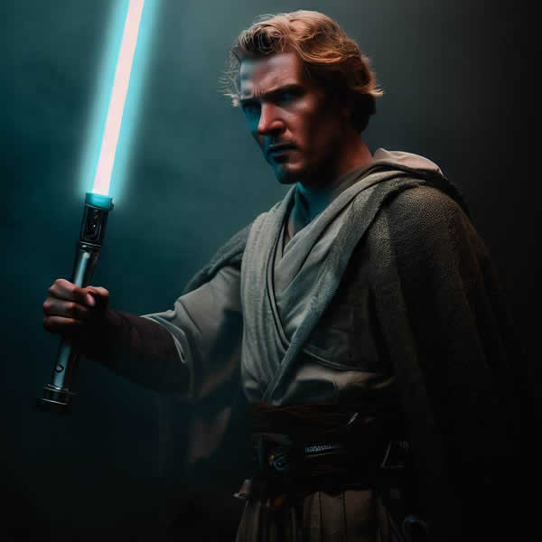 Illustration de Luke Skywalker, son sabre bleu à la main