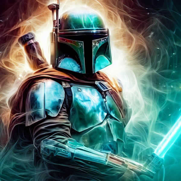 Photo d'un Mandalorian dans une brume d'énergie, un sabre à la main