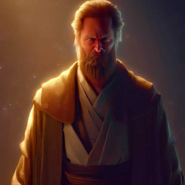 Photo de Obi Wan Kenobi de face dans un alo de lumière