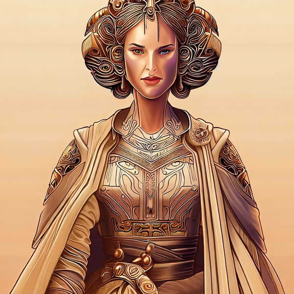 Photo de la reine Padme Amidala de face dans une belle robe