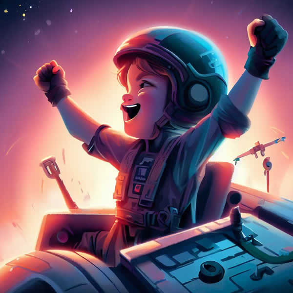 Un enfant pilote de l'alliance rebelle dans son vaisseau qui sourit en levant les bras
