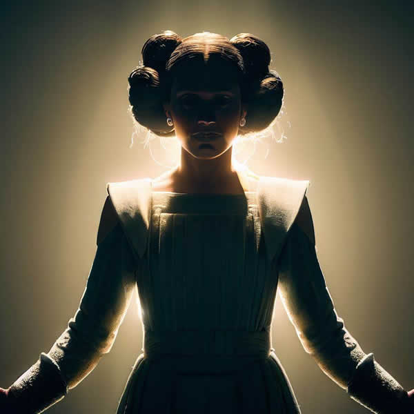 Photo de la princesse Leia de face dans une l'ombre avec une lumière qui l'entoure