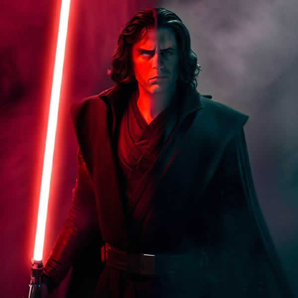 Un jeune sith sur un fond noir entouré d'une lueur rouge avec un sabre rouge dans la main