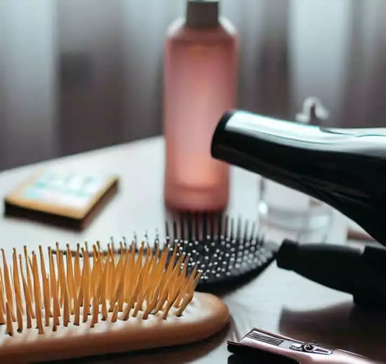 Une photo d'un peigne, d'une brosse, d'un seche cheveux et d'un spray d'eau, le tout sur une table.