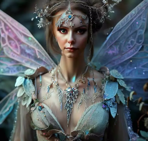 Une photo d'une superbe fée avec des ailes de libellules, son costume est richement décoré de détails