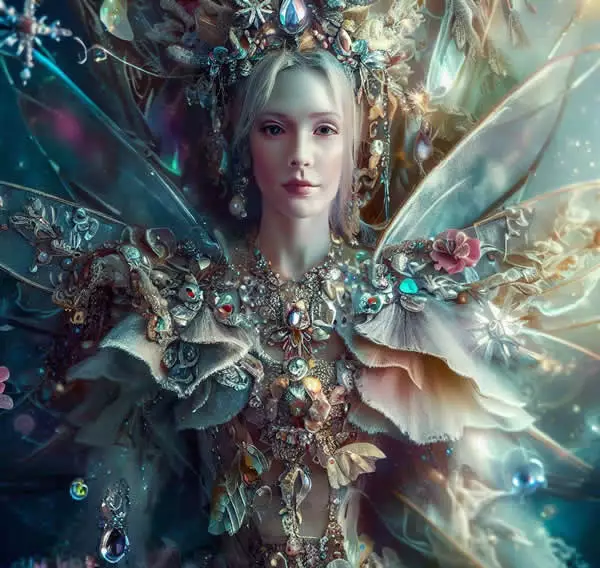 Un déguisement de fée parfait, avec des ailes dans le dos entourée d'or, le buste est richement décoré de bijoux et de voilages ainsi que de fleurs en tissus dans des couleurs rosées et bronze.
