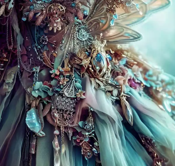 Le gros plan de la partie centrale d'un costume, recouvert de pierres, de pans de tissus colorés, de perles et de voiles, qui illustre l'importance du soucis du détail.
