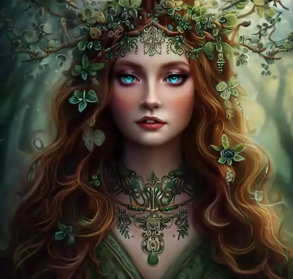 Une image captivante d'une fée celtique, ornée d'éléments inspirés de la nature, située dans une forêt mystique.