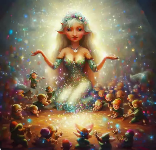 Une représentation artistique de la fée du conte "Les nains magiques", entourée de minuscules êtres enchantés.