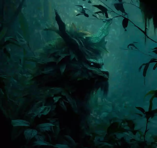 Une représentation intrigante de La Tunda, la créature changeante de la mythologie colombienne, située dans une forêt dense.
