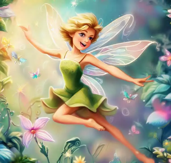 Une charmante image de Tinkerbell, la fée animée de Disney, flottant de manière ludique dans un décor fantaisiste et enchanteur.