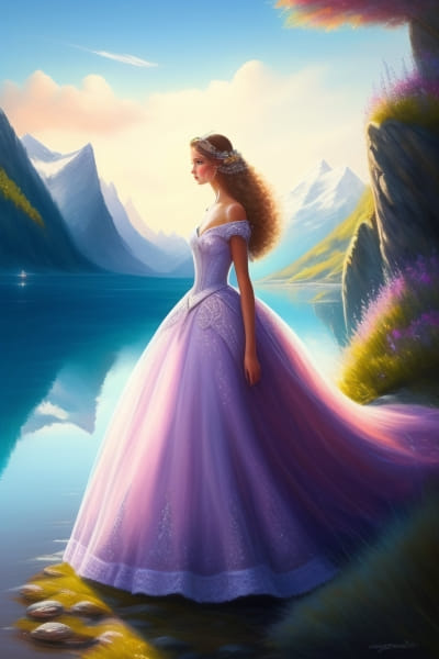 Illustration d'une princesse en robe dans un paysage féérique