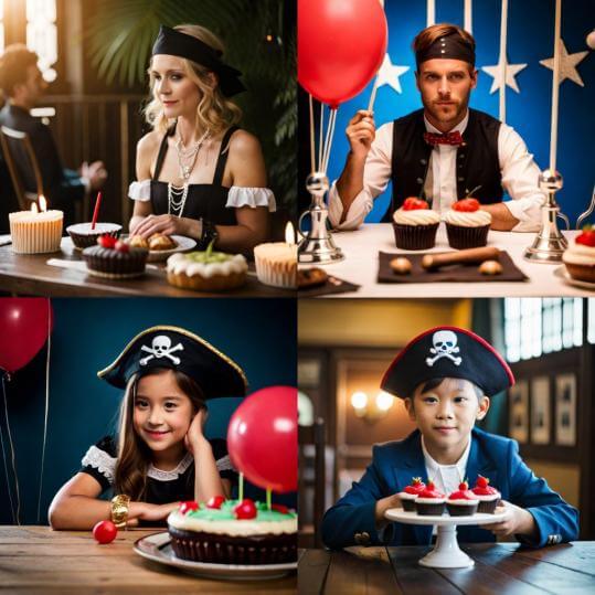 Un papa, une maman, une fille et un garçon qui sont attablé devant des gâteaux, ils sont déguisé en pirate.