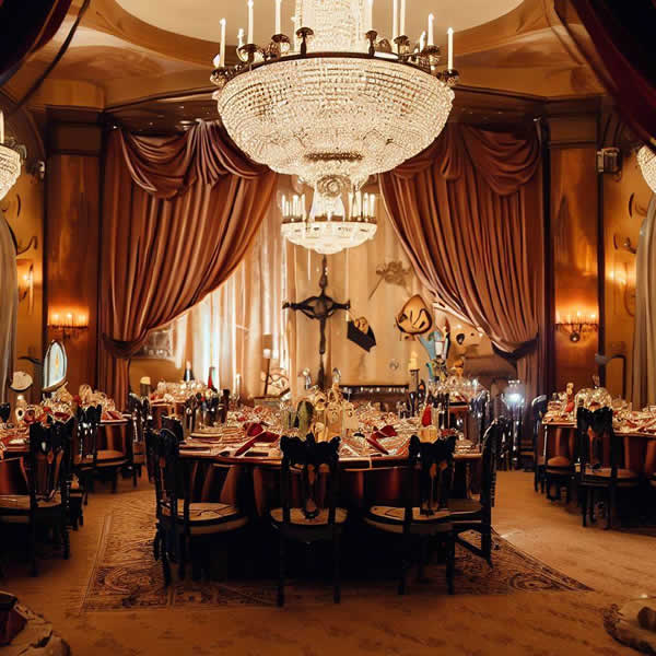 Une salle de réception grandiose avec un superbe lustre de cristal au dessus d'une table de de château. Le fond de la pièce est décoré d'un grand rideau de type rideau de théâtre, en velours.