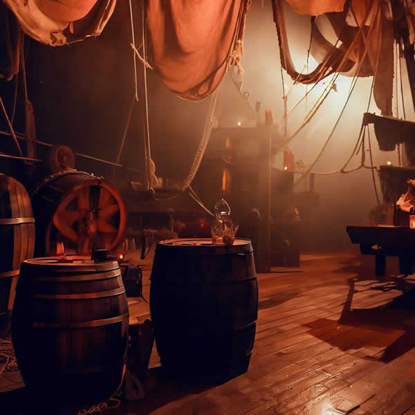 Une photo d'un pont de navire de pirate avec des tonneaux de rhum, des draps au plafond et un sol en parquet. Une ambiance sombre avec quelques lueurs de lumière en fond.