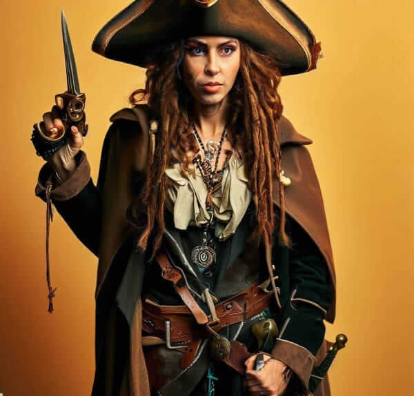 Une photo de Angelica qui tient un mousquet dans la main, elle porte un tricorne, des longs cheveux dreadlocks.