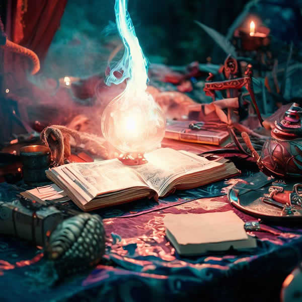 Un grimoire ouvert, avec une boule de cristal magique posée dessus, sur une table de pirate.