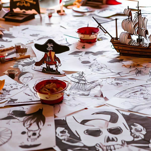 Une table remplie de bricolage de pirate. Des dessins, des petites figurines et un bateau de pirate