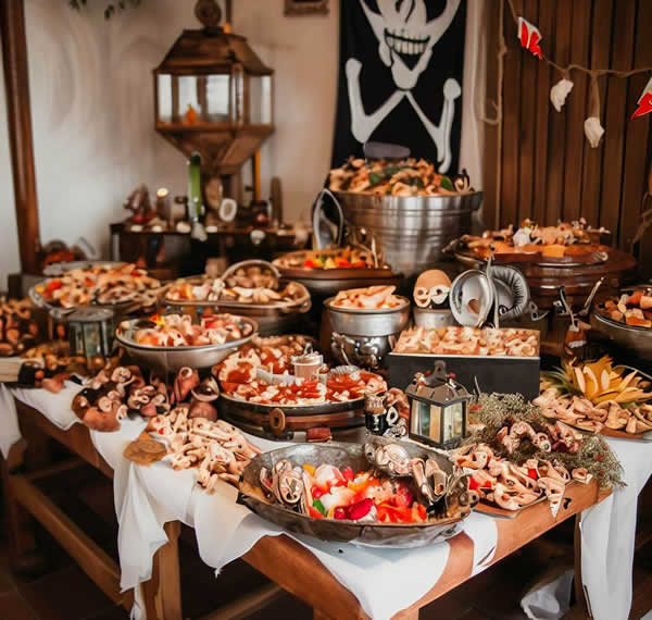 Un buffet remplit de plats sur le thème des pirates avec beaucoup de couleurs et d'épices. En fond un drapeau de pirate et une guirlande.