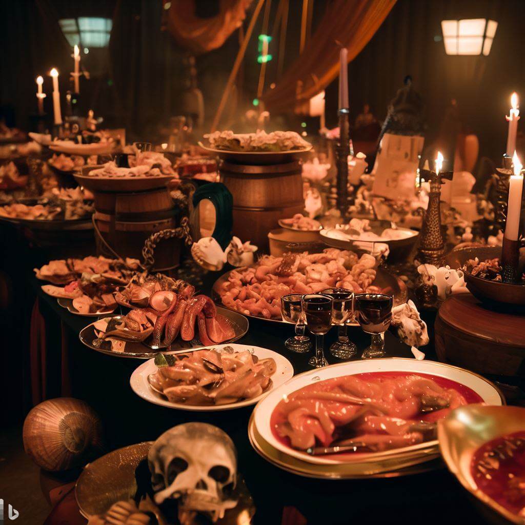 Une photo d'un fastueux banquet de pirate avec des assiettes pleines de fruits de mer, de sauce, dans des assiettes blanches et dorées, avec des bougies et des crânes sur la table.