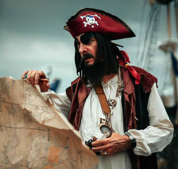 Un pirate qui tient une carte au trésor entre les mains.