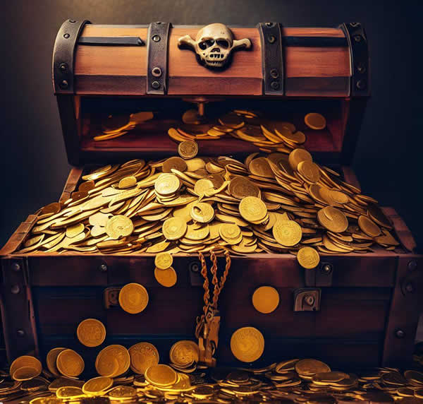 Un coffre de pirate ouvert et remplit de pièces d'or