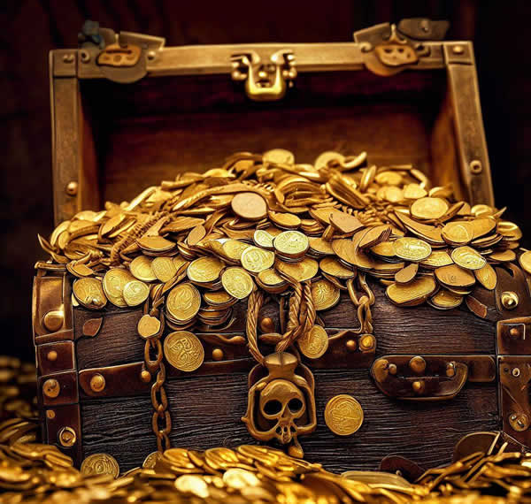 Un coffre de pirate ouvert qui déborde de pièces d'or, il y a de l'or tout autour