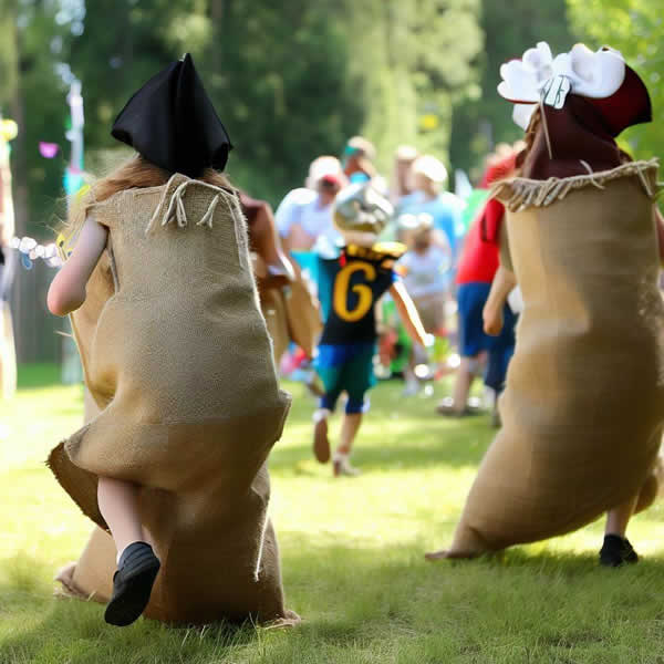 Une course de sac vue de derrière, dans l'herbe. Les participants portent des chapeaux de pirate