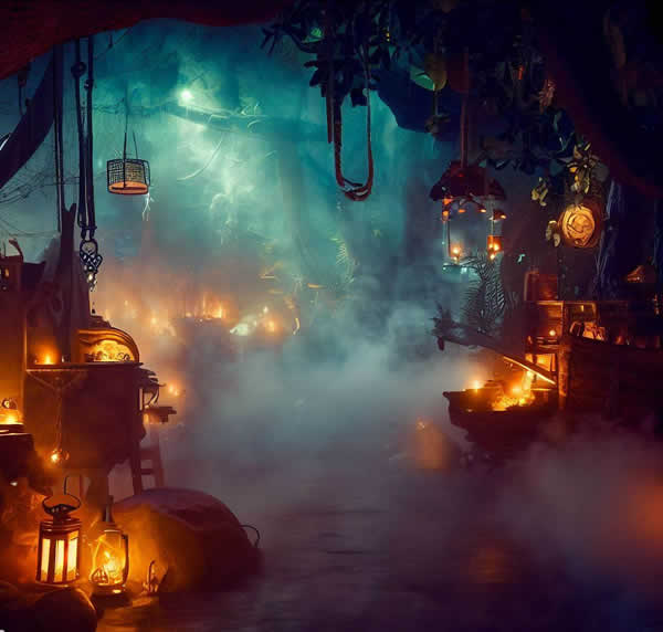 Une illustration d'un décor enchanté avec des lanternes, du brouillard, des artefacts magiques.