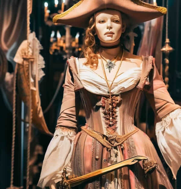 Une photo de Elizabeth Swann dans une belle robe avec un tricorne rose pâle entouré de dorures