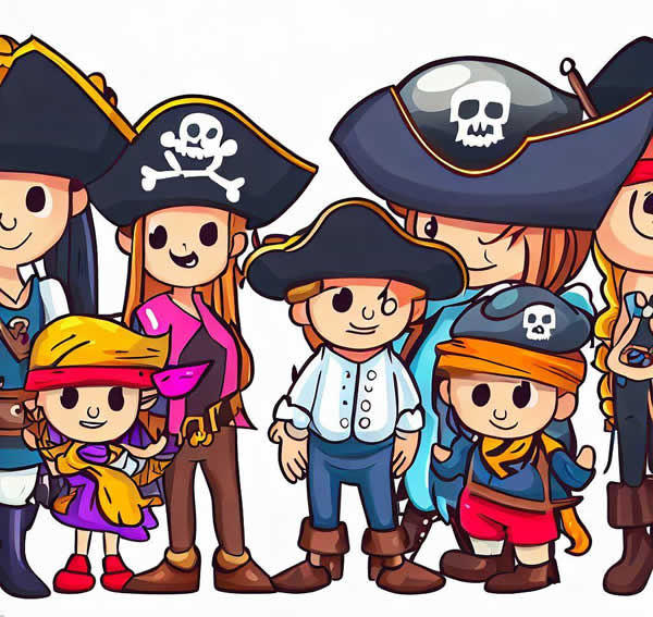 Un dessin cartoon d'une famille de pirate avec des enfants et des adultes déguisé