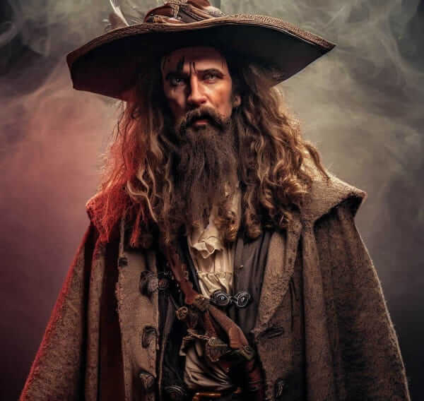 Une photo de face de Hector Barbossa avec un chapeau et des vêtements grisâtres. Ses cheveux sont longs et sa barbe également.