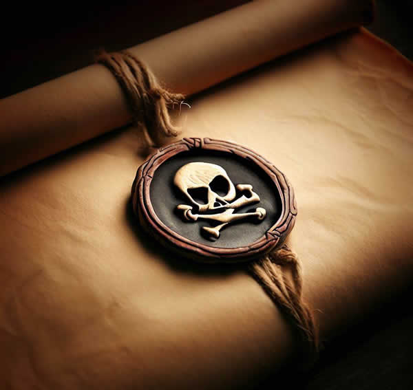 Un parchemin roulé entouré d'une ficelle décorée d'un blason de pirate en cire.