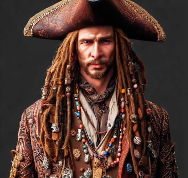 Une photo de face du personnage de jack Sparrow avec son célèbre tricorne, ses longs cheveux et tous ses bijoux