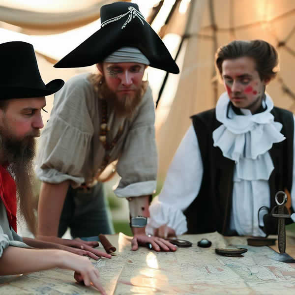 3 personnes autour d'une carte à la recherche d'un trésor. Ils sont habillé dans un thème pirate historique. l'un avec un jabot, l'autre un tricorne et l'autre un chapeau haut de forme.