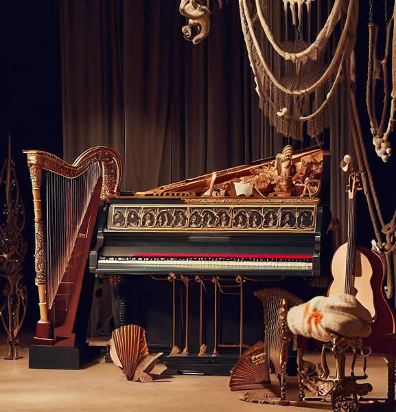 Un ensemble d'instruments de musique de pirate, un piano, une harpe, une guitare, dans un décor élégant, avec des dorures.