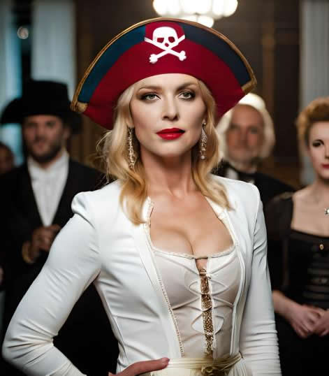 Une femme dans un bustier blanc de pirate élégant et chic, avec un bicorne sur la tête.