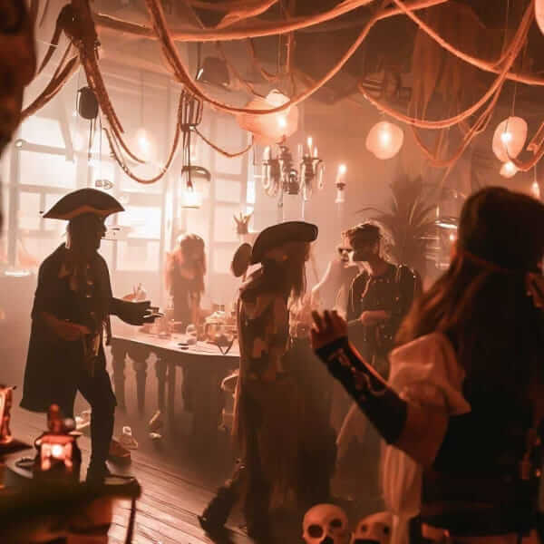Des adultes déguisés en pirate dans une salle décorée de guirlandes en tissu, dans une ambiance sombre comme celle du film