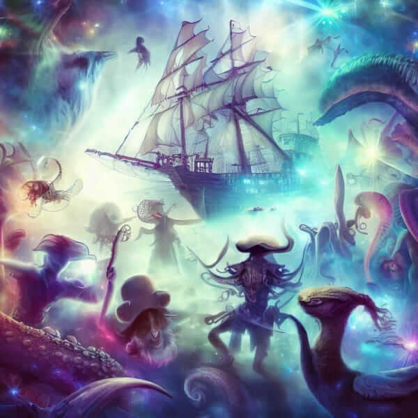 Une illustration d'un bateau de pirate en fond, dans un environnement bleuté plein de magie avec des créatures fantastiques tout autour.
