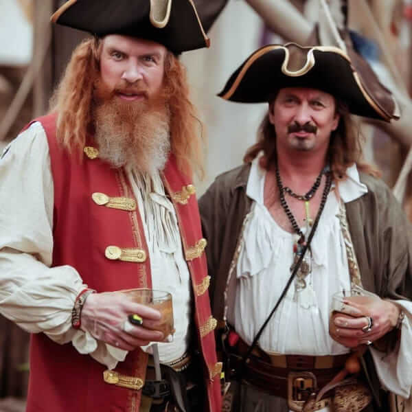 Deux pirates qui tiennent une boisson à la main, habillé comme les célèbres pirates historiques de roman.