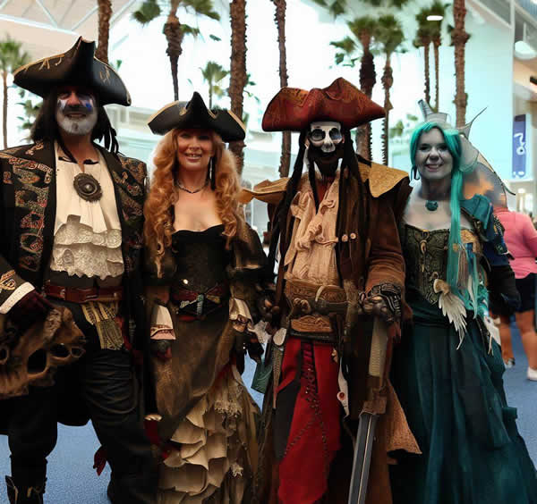 Une photo de 4 personnes déguisées en pirate; trois en pirate plus traditionnels et une dame déguisée en une sorte de sirène fantastique mi sirène mi pirate.