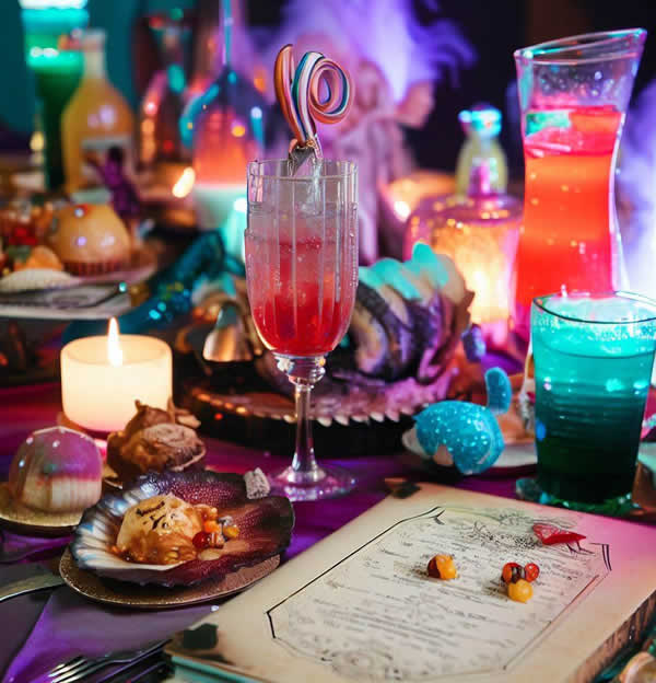Une table de pirate féérique avec des mets et des boissons de toutes les couleurs et un parchemin en guise de set de table.