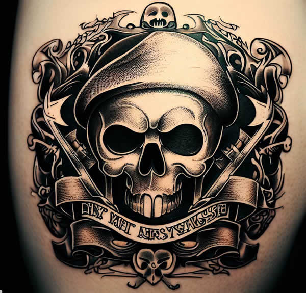 Un tatouage de pirate noir sur de la peau. Un crane au centre entouré d'arabesques